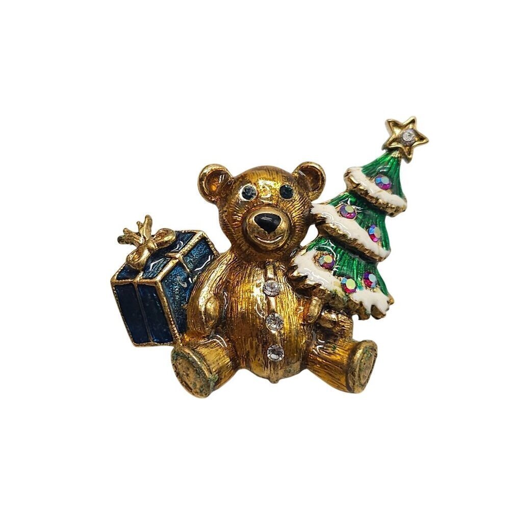 1928 Teddy Bear Christmas Brooch Jewels Tree Present Then Now Forever